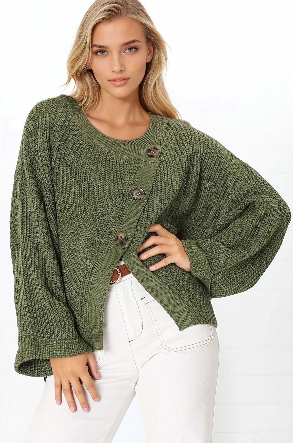Casey Cardigan - Asymmetric Button Front Ribbed Cardigan in Olive