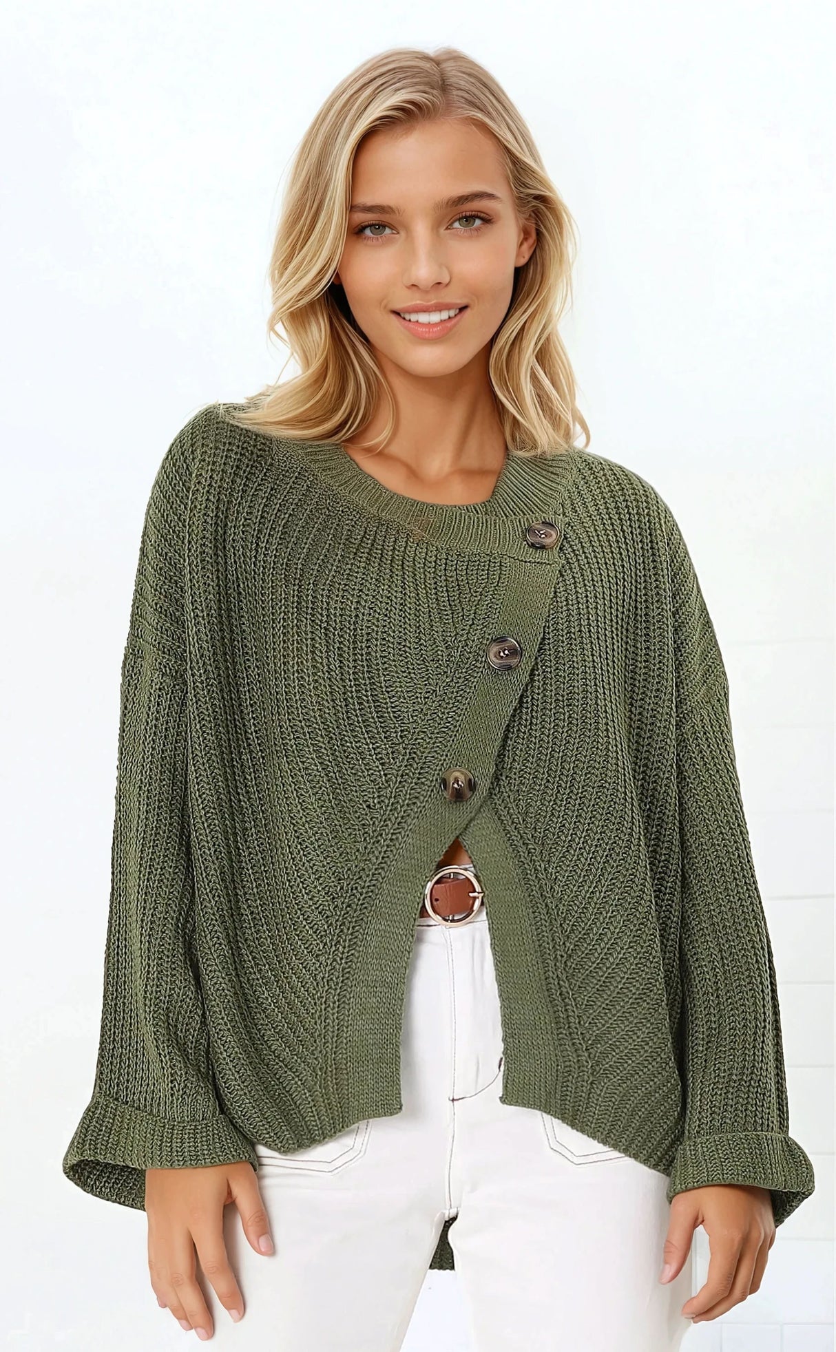 Casey Cardigan - Asymmetric Button Front Ribbed Cardigan in Olive