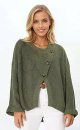 Casey Cardigan - Asymmetric Button Front Ribbed Cardigan in Olive
