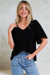 Casita Top - Scoop Neck Textured Babydoll Top with Flutter Sleeves in Black