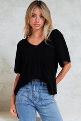 Casita Top - Scoop Neck Textured Babydoll Top with Flutter Sleeves in Black