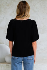 Casita Top - Scoop Neck Textured Babydoll Top with Flutter Sleeves in Black