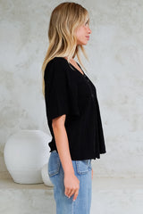 Casita Top - Scoop Neck Textured Babydoll Top with Flutter Sleeves in Black