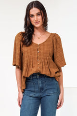 Casita Top - Scoop Neck Textured Babydoll Top with Flutter Sleeves in Tan