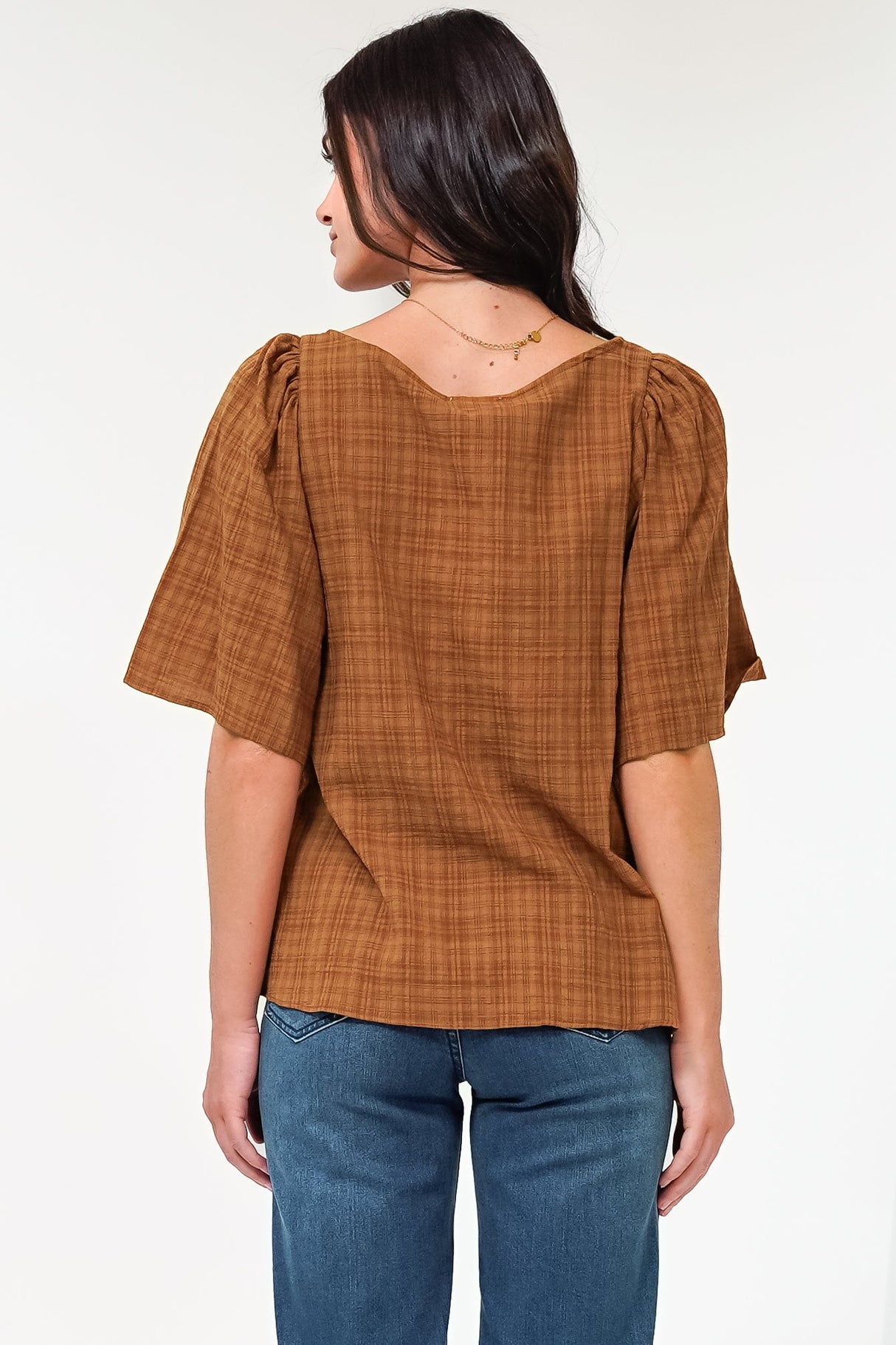 Casita Top - Scoop Neck Textured Babydoll Top with Flutter Sleeves in Tan