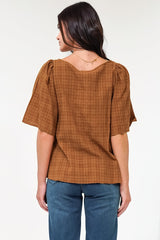 Casita Top - Scoop Neck Textured Babydoll Top with Flutter Sleeves in Tan