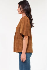 Casita Top - Scoop Neck Textured Babydoll Top with Flutter Sleeves in Tan