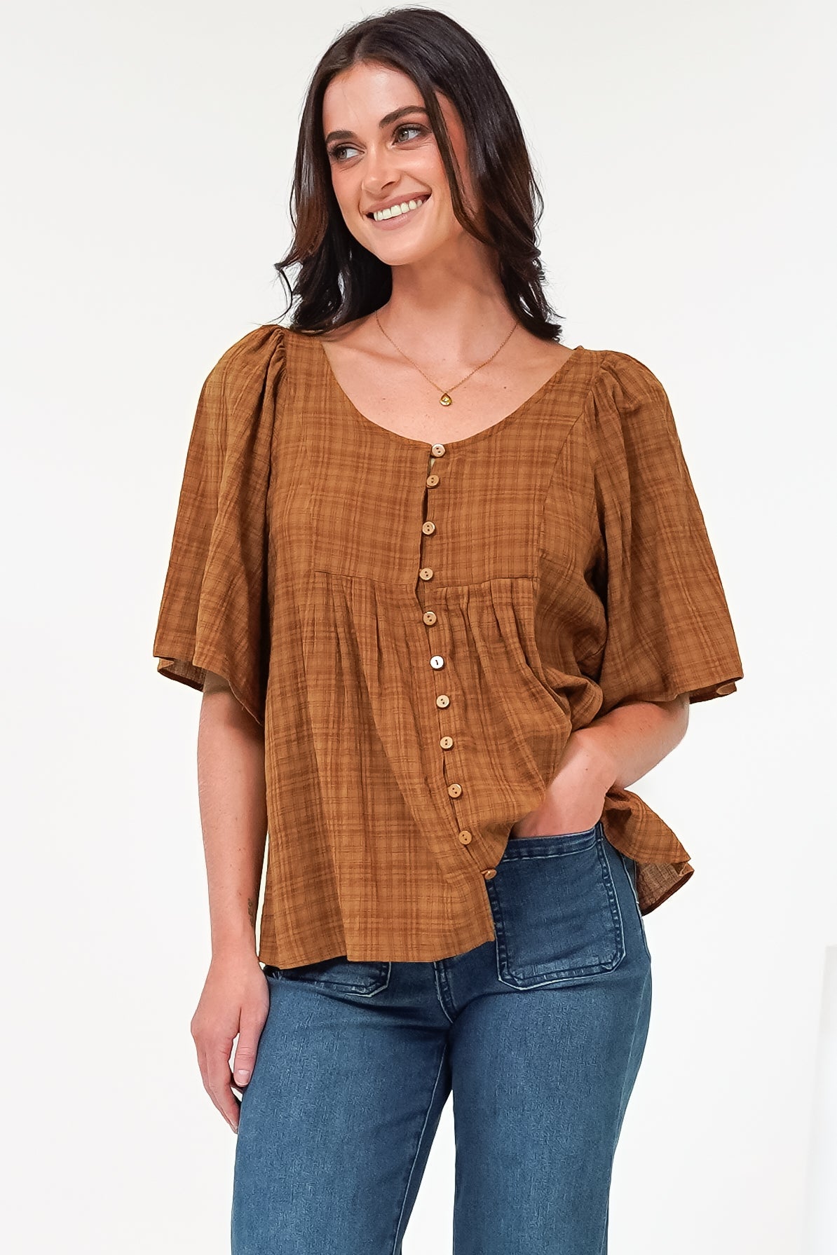 Casita Top - Scoop Neck Textured Babydoll Top with Flutter Sleeves in Tan