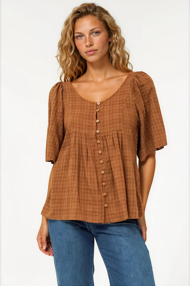 Model wearing Casita Top in Tan from Salty Crush