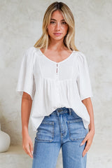 Casita Top - Scoop Neck Textured Babydoll Top with Flutter Sleeves in White