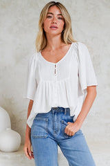 Casita Top - Scoop Neck Textured Babydoll Top with Flutter Sleeves in White
