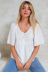 Casita Top - Scoop Neck Textured Babydoll Top with Flutter Sleeves in White