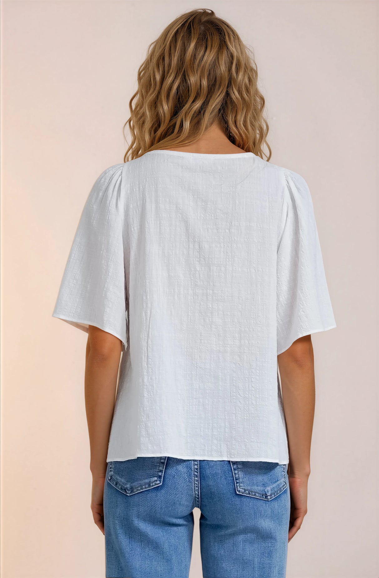 Casita Top - Scoop Neck Textured Babydoll Top with Flutter Sleeves in White