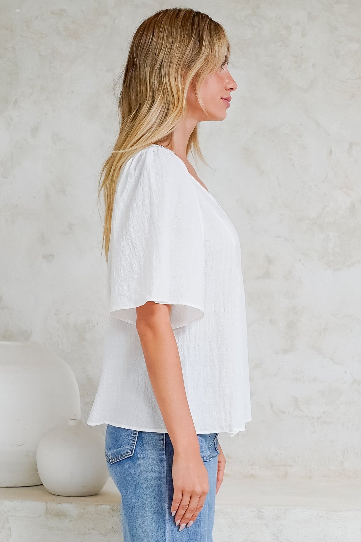 Casita Top - Scoop Neck Textured Babydoll Top with Flutter Sleeves in White