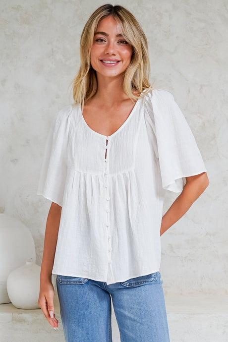 Casita Top - Scoop Neck Textured Babydoll Top with Flutter Sleeves in White