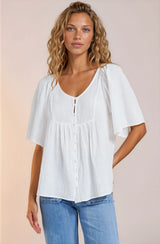 Casita Top - Scoop Neck Textured Babydoll Top with Flutter Sleeves in White