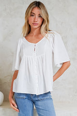 Casita Top - Scoop Neck Textured Babydoll Top with Flutter Sleeves in White