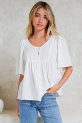 Casita Top - Scoop Neck Textured Babydoll Top with Flutter Sleeves in White