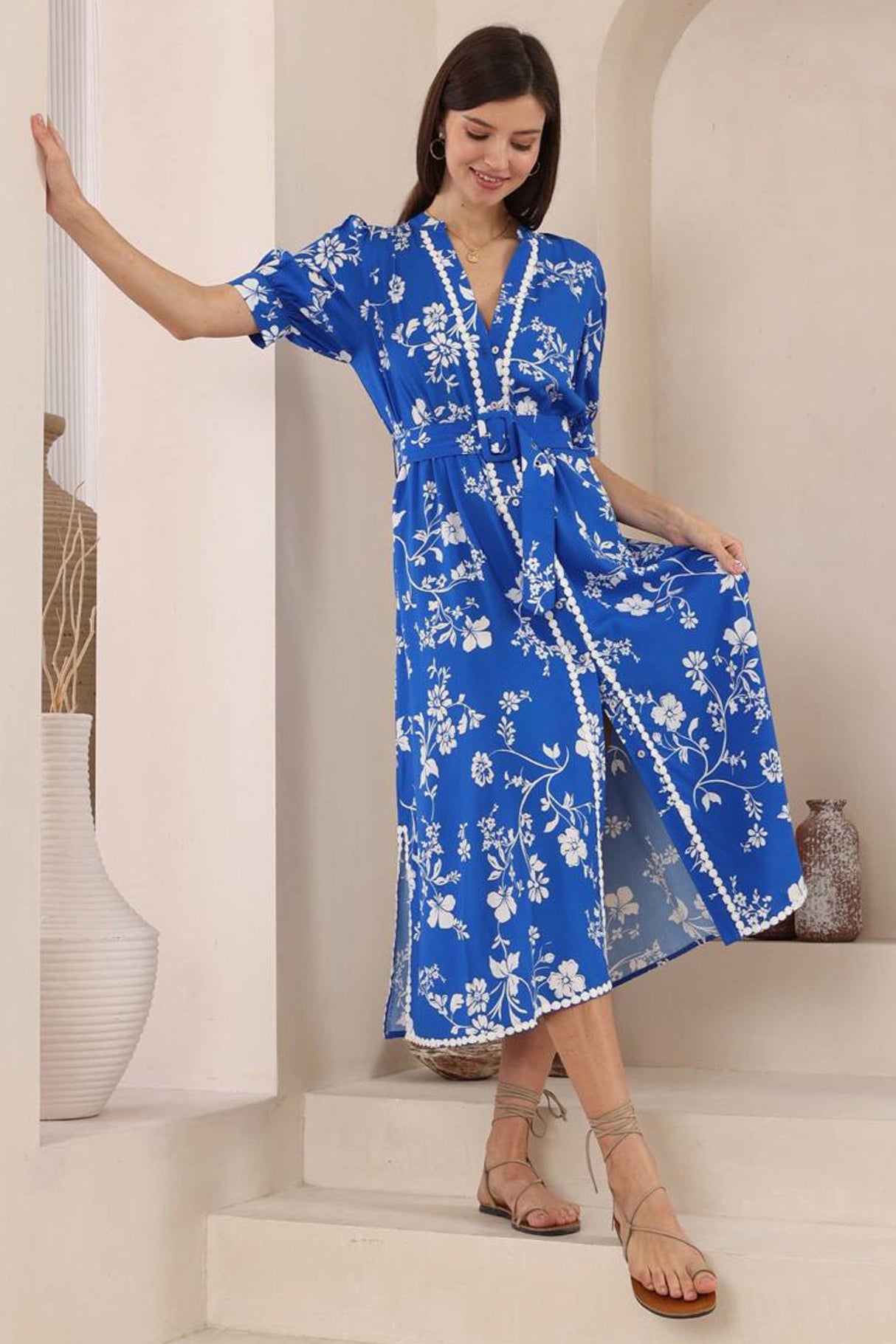 Cass Midi Dress - Button Down Contrast Trim Shirt Dress with Belt in Jillia Print