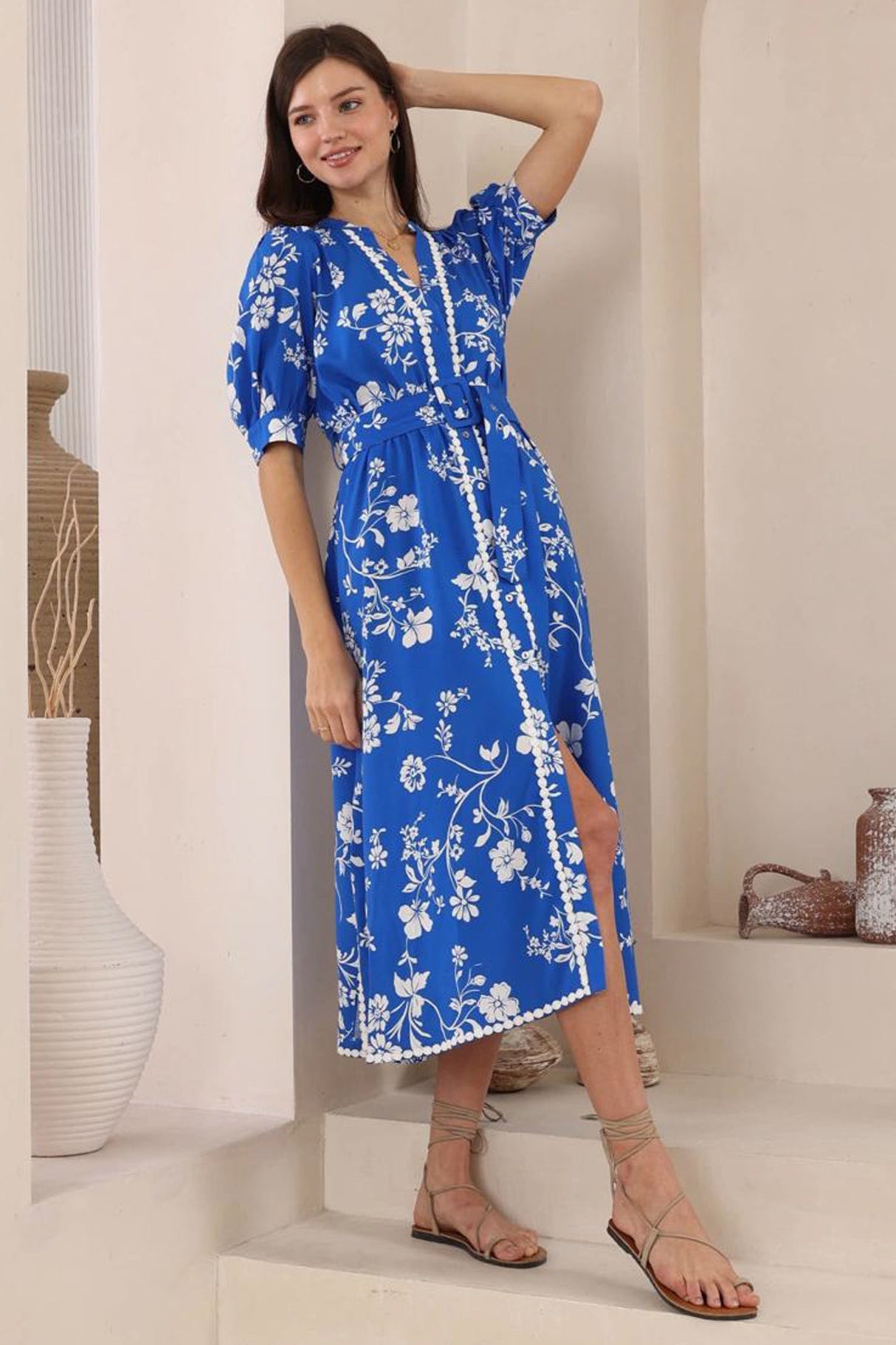 Cass Midi Dress - Button Down Contrast Trim Shirt Dress with Belt in Jillia Print