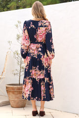 Cassandra Midi Dress - Tiered Long Sleeve Dress with Waist Tie in Vela Print Navy