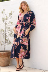 Cassandra Midi Dress - Tiered Long Sleeve Dress with Waist Tie in Vela Print Navy