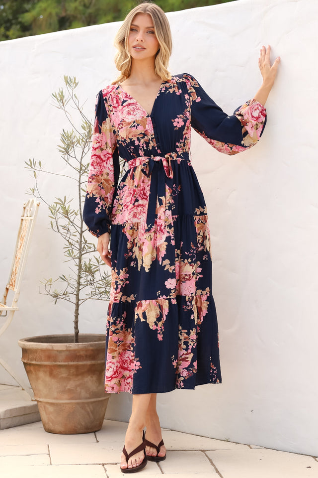 Model wearing Cassandra Maxi Dress in Vela Print Navy from Salty Crush