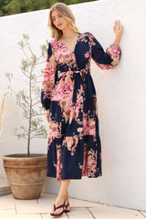 Cassandra Midi Dress - Tiered Long Sleeve Dress with Waist Tie in Vela Print Navy