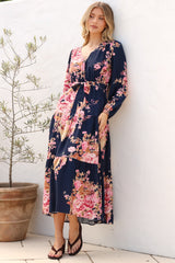Cassandra Midi Dress - Tiered Long Sleeve Dress with Waist Tie in Vela Print Navy