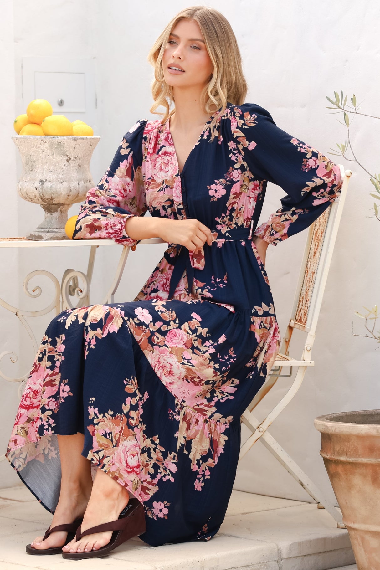 Cassandra Midi Dress - Tiered Long Sleeve Dress with Waist Tie in Vela Print Navy