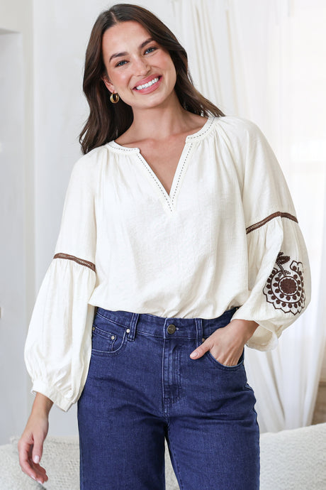 Model wearing Cassel Top in Cream from Salty Crush