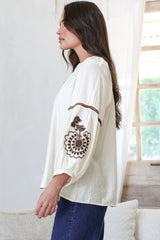 Cassel Top - Round Split Collar Pullover Embroidered Top with Balloon Sleeves in Cream