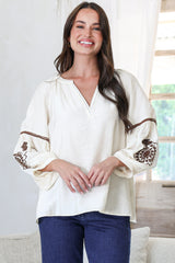 Cassel Top - Round Split Collar Pullover Embroidered Top with Balloon Sleeves in Cream