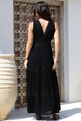 Cassia Maxi Dress - Lace Trim V-Neck Sleeveless with Lace Splicing Dress in Black