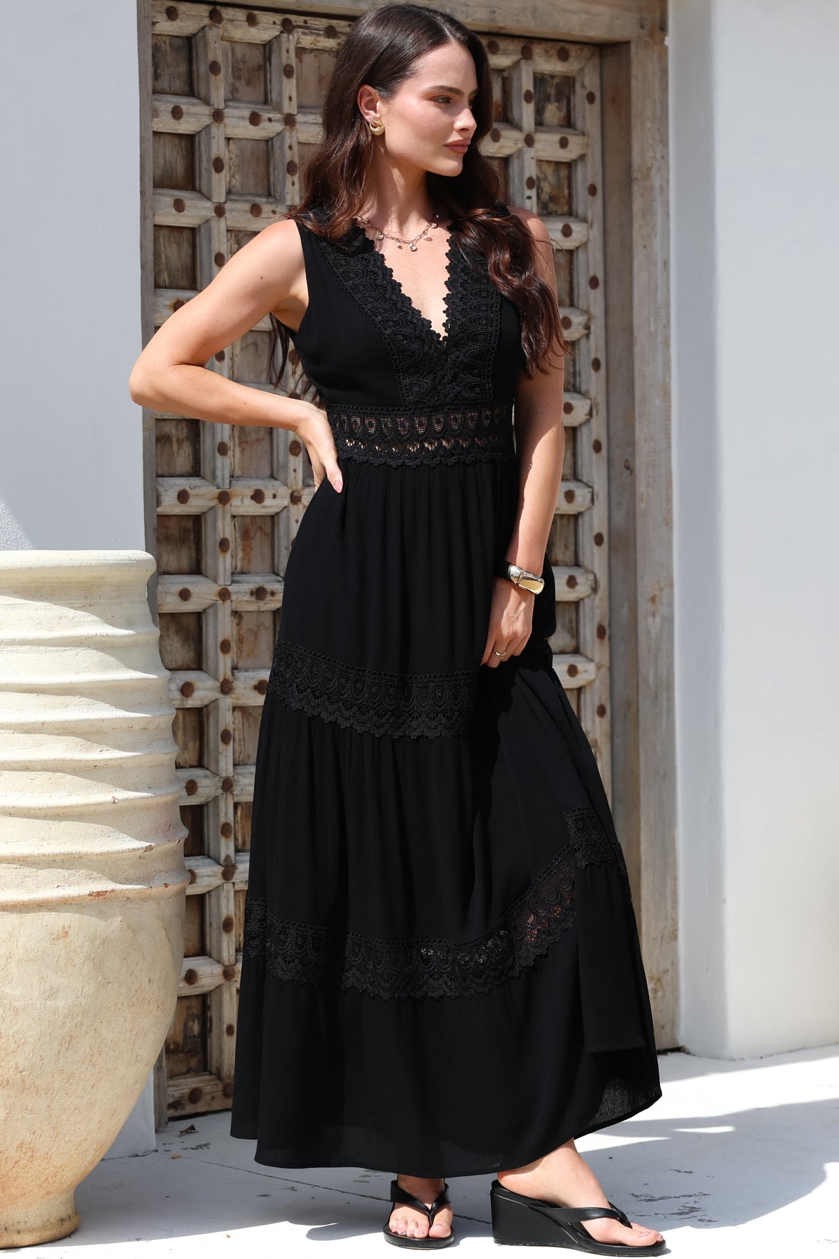 Cassia Maxi Dress - Lace Trim V-Neck Sleeveless with Lace Splicing Dress in Black