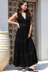 Cassia Maxi Dress - Lace Trim V-Neck Sleeveless with Lace Splicing Dress in Black