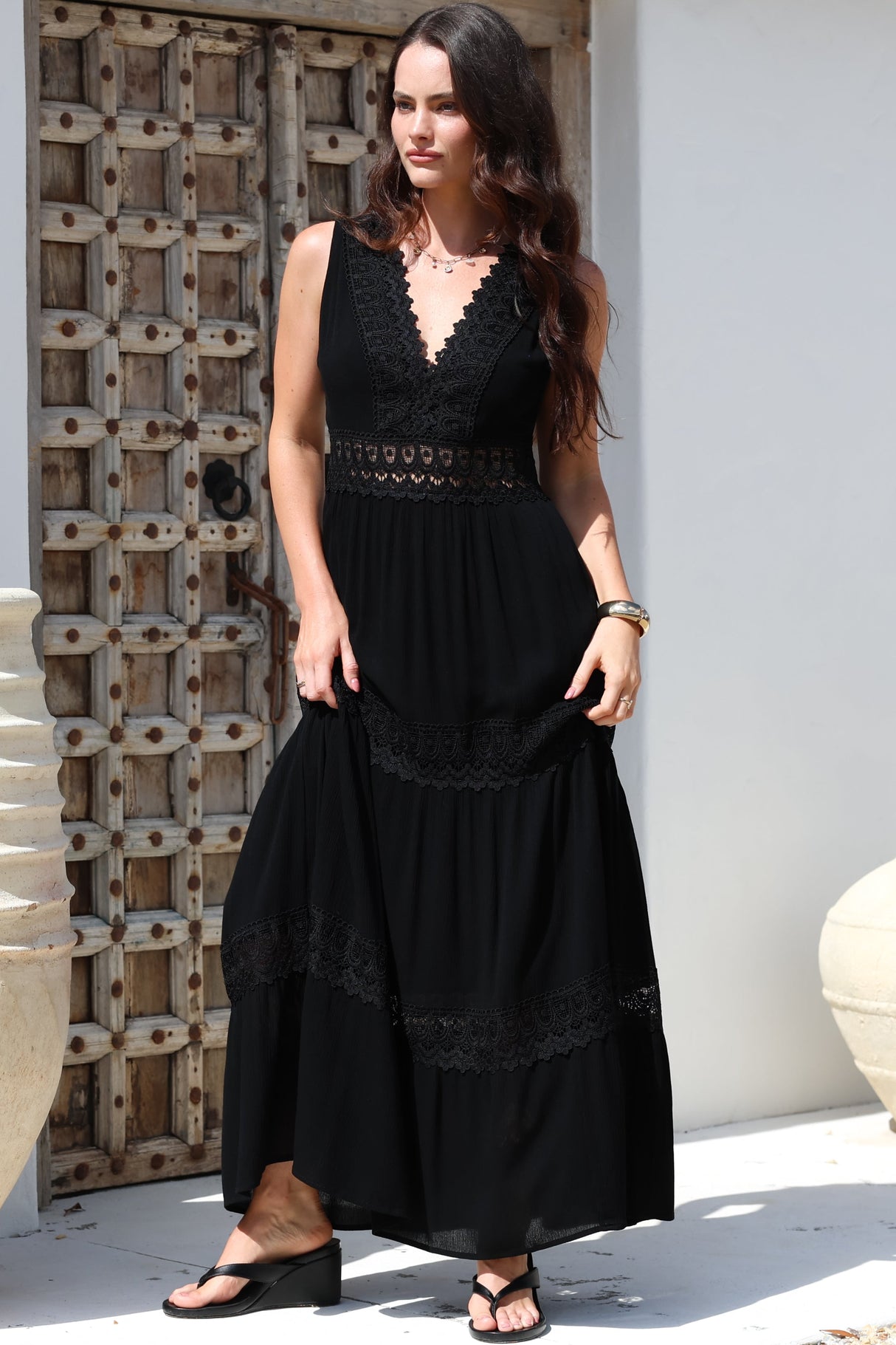 Cassia Maxi Dress - Lace Trim V-Neck Sleeveless with Lace Splicing Dress in Black