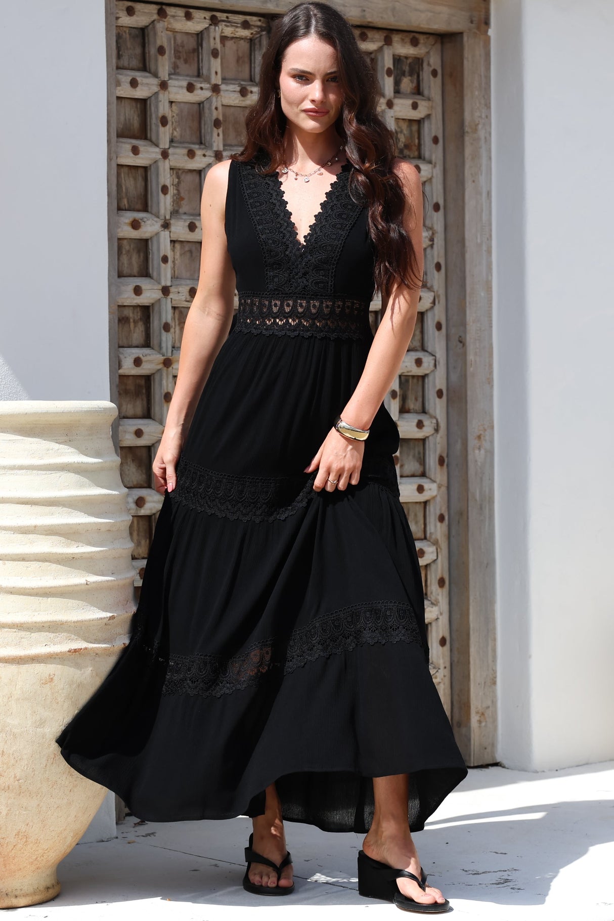 Cassia Maxi Dress - Lace Trim V-Neck Sleeveless with Lace Splicing Dress in Black