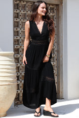 Cassia Maxi Dress - Lace Trim V-Neck Sleeveless with Lace Splicing Dress in Black
