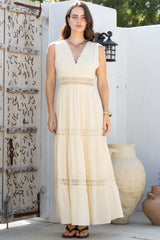 Cassia Maxi Dress - Lace Trim V-Neck Sleeveless with Lace Splicing Dress in Cream