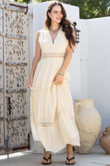 Cassia Maxi Dress - Lace Trim V-Neck Sleeveless with Lace Splicing Dress in Cream