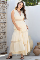 Cassia Maxi Dress - Lace Trim V-Neck Sleeveless with Lace Splicing Dress in Cream