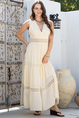 Cassia Maxi Dress - Lace Trim V-Neck Sleeveless with Lace Splicing Dress in Cream