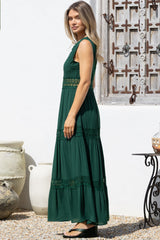 Cassia Maxi Dress - Lace Trim V-Neck Sleeveless with Lace Splicing Dress in Emerald
