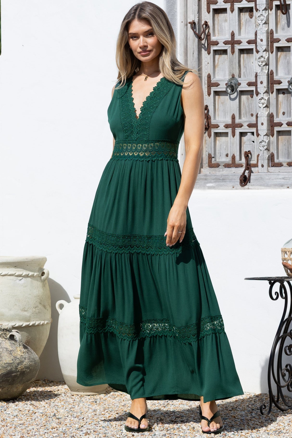 Cassia Maxi Dress - Lace Trim V-Neck Sleeveless with Lace Splicing Dress in Emerald
