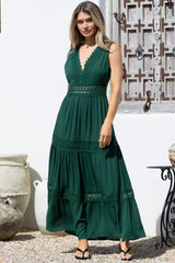 Cassia Maxi Dress - Lace Trim V-Neck Sleeveless with Lace Splicing Dress in Emerald