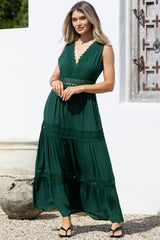 Cassia Maxi Dress - Lace Trim V-Neck Sleeveless with Lace Splicing Dress in Emerald