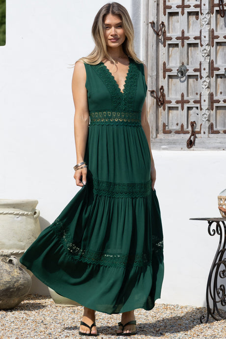 Cassia Maxi Dress - Lace Trim V-Neck Sleeveless with Lace Splicing Dress in Emerald