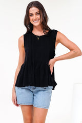 Cassidy Top - Crew Neck Sleeveless Swing Top with Pleats in Black