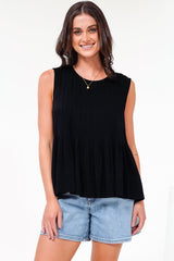 Cassidy Top - Crew Neck Sleeveless Swing Top with Pleats in Black